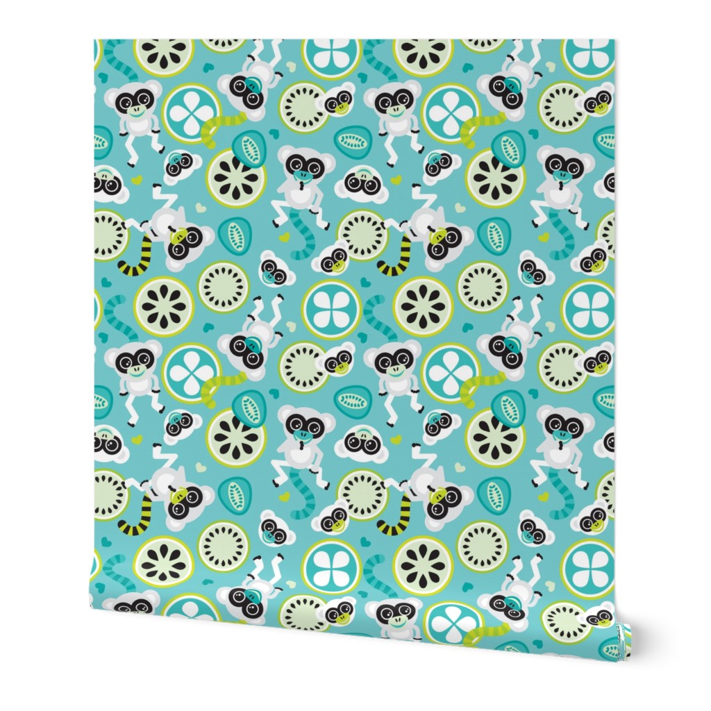 Lemurs in lime and turquoise illustration for kids