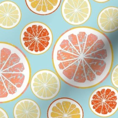 Grapefruit love - lemon, orange and grapefruit slices on blue background 