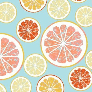 Grapefruit love - lemon, orange and grapefruit slices on blue background 