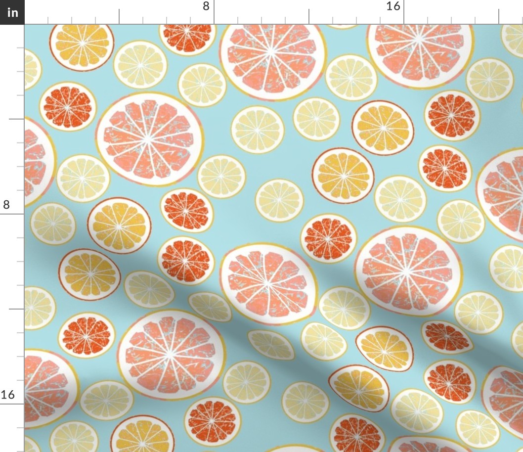 Grapefruit love - lemon, orange and grapefruit slices on blue background 