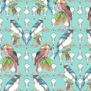 repeat_off_set_skulls_with_birds_green_background