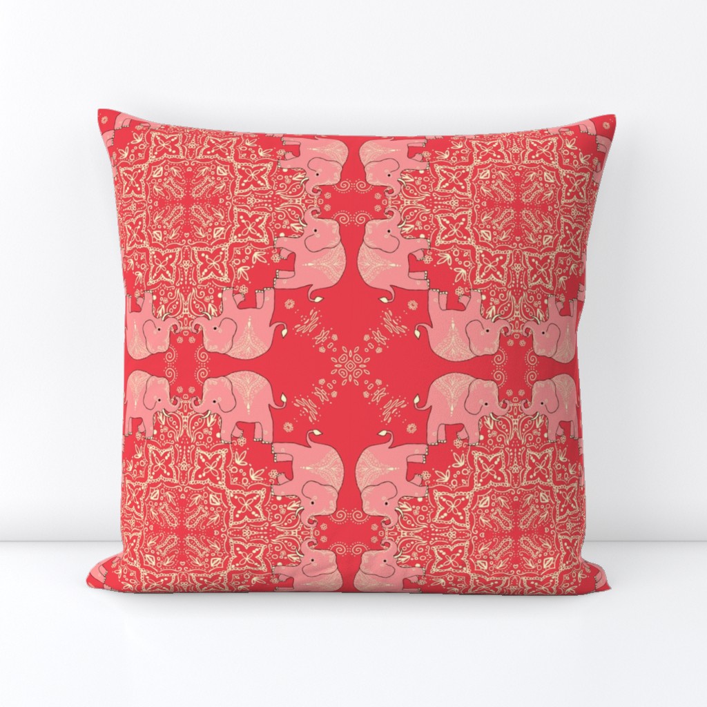Coral Mehndi Elephant Dance Party Kaleidoscope fabric