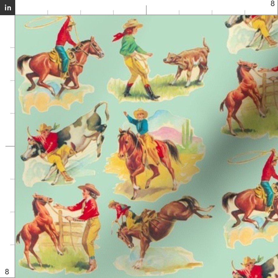 Vintage Inspired Tablecloth Cowgirl Cowboy Aqua  by parisbebe Western Rodeo  Americana Cotton Sateen Tablecloth by Spoonflower