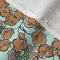 Shabby Chic Block Print Floral in aqua, mocha and pink