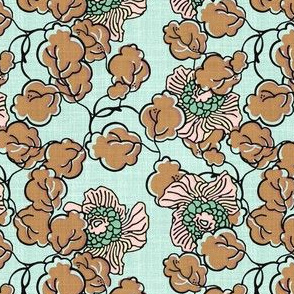 Shabby Chic Block Print Floral in aqua, mocha and pink