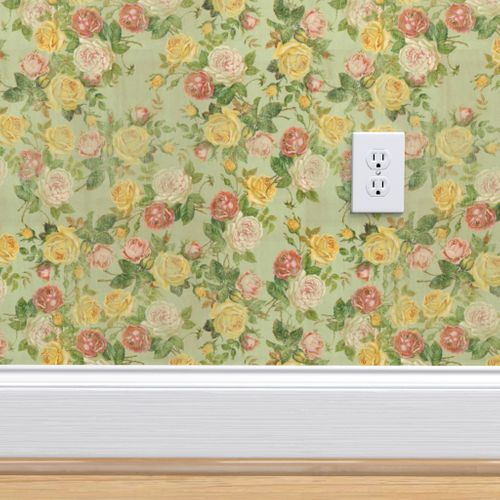 Removable Water-Activated Wallpaper Floral Shabby Chic Victorian Flowers Vintage