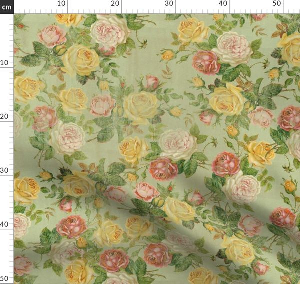 Antique French Floral Cotton Fabric ~Rose Pink Chartreuse Yellow Blue~Doll Quilt 