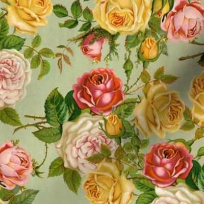 Garden Roses Floral Pink/Yellow/Green