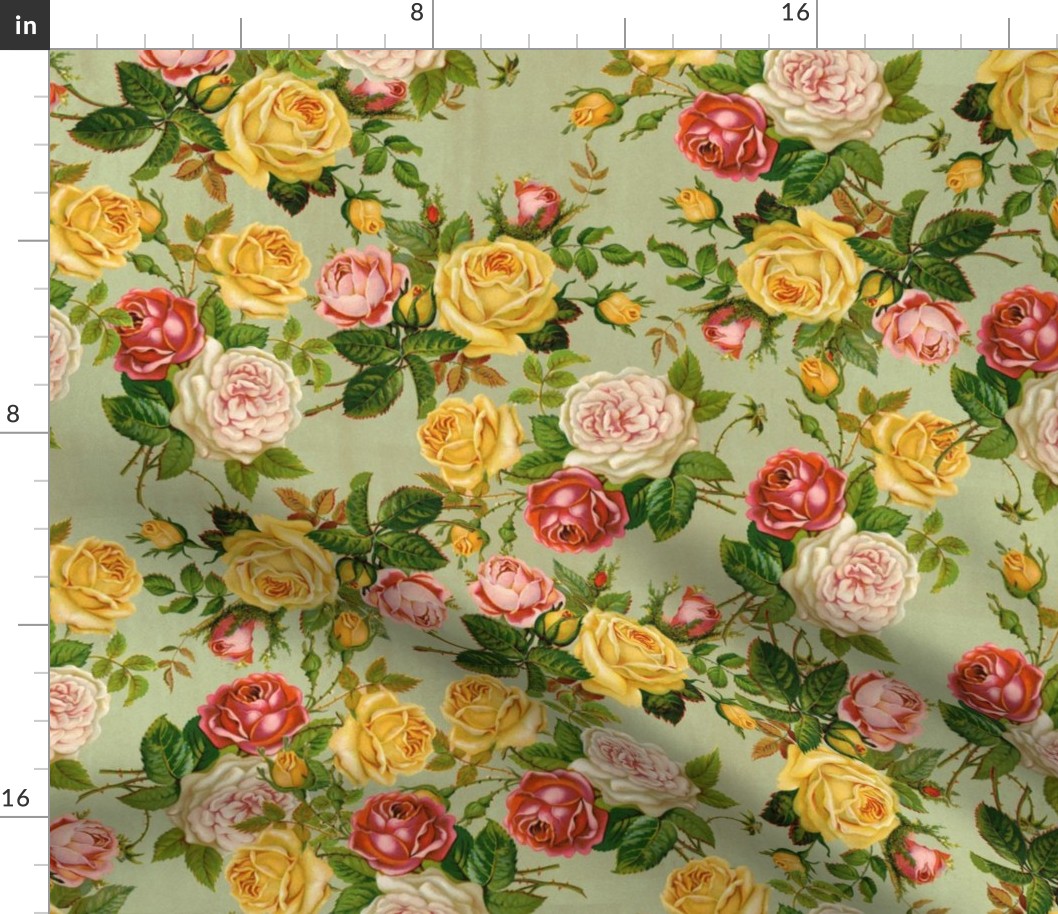 Garden Roses Floral Pink/Yellow/Green