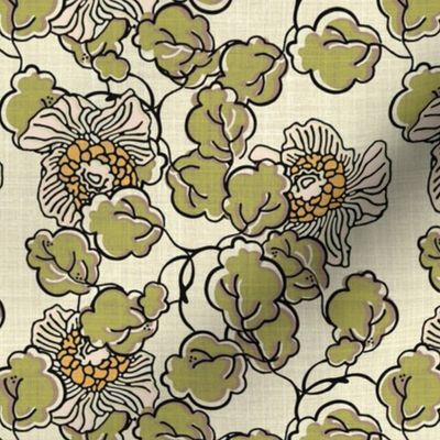 Vintage Block Print Floral in Pink, Moss Green and Taupe