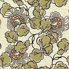 Vintage Block Print Floral in Pink, Moss Green and Taupe