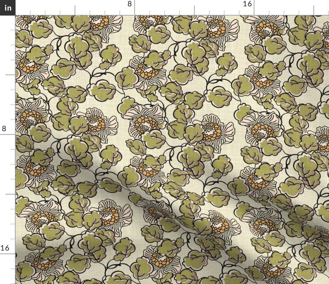 Vintage Block Print Floral in Pink, Moss Green and Taupe