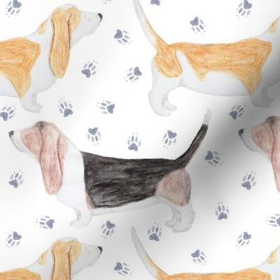 Watercolor Basset hounds and pawprints