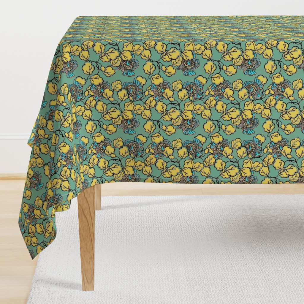 Shabby Chic Block Print Floral in yellow and blue