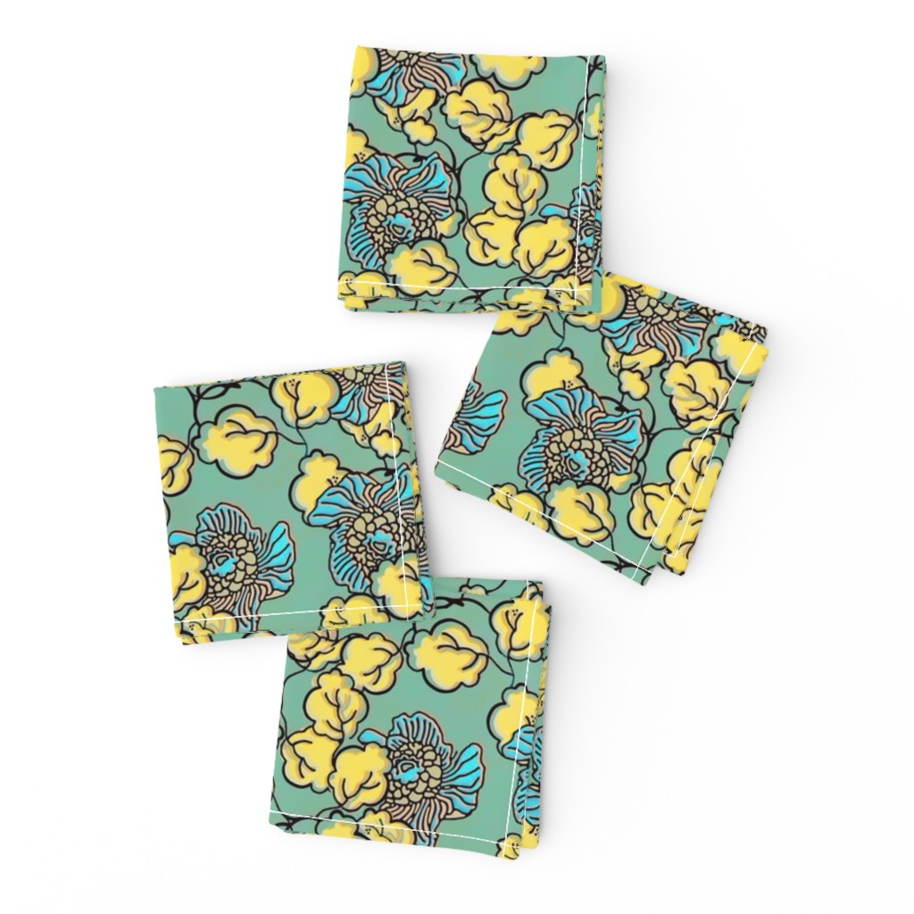 Shabby Chic Block Print Floral in yellow and blue