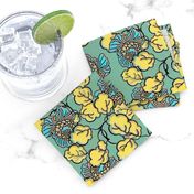 Shabby Chic Block Print Floral in yellow and blue