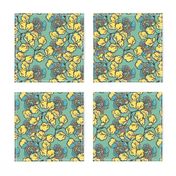 Shabby Chic Block Print Floral in yellow and blue