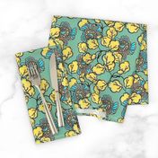 Shabby Chic Block Print Floral in yellow and blue