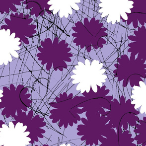 daisy heart repeat with scratchy line work in background on purple