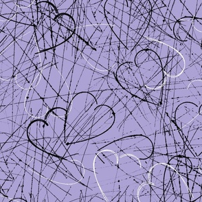 rough sketchy hearts in black and white on purple background. Valentine hearts