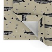 Vintage Star Whale, Black & White Stars on Cappuccino Cream