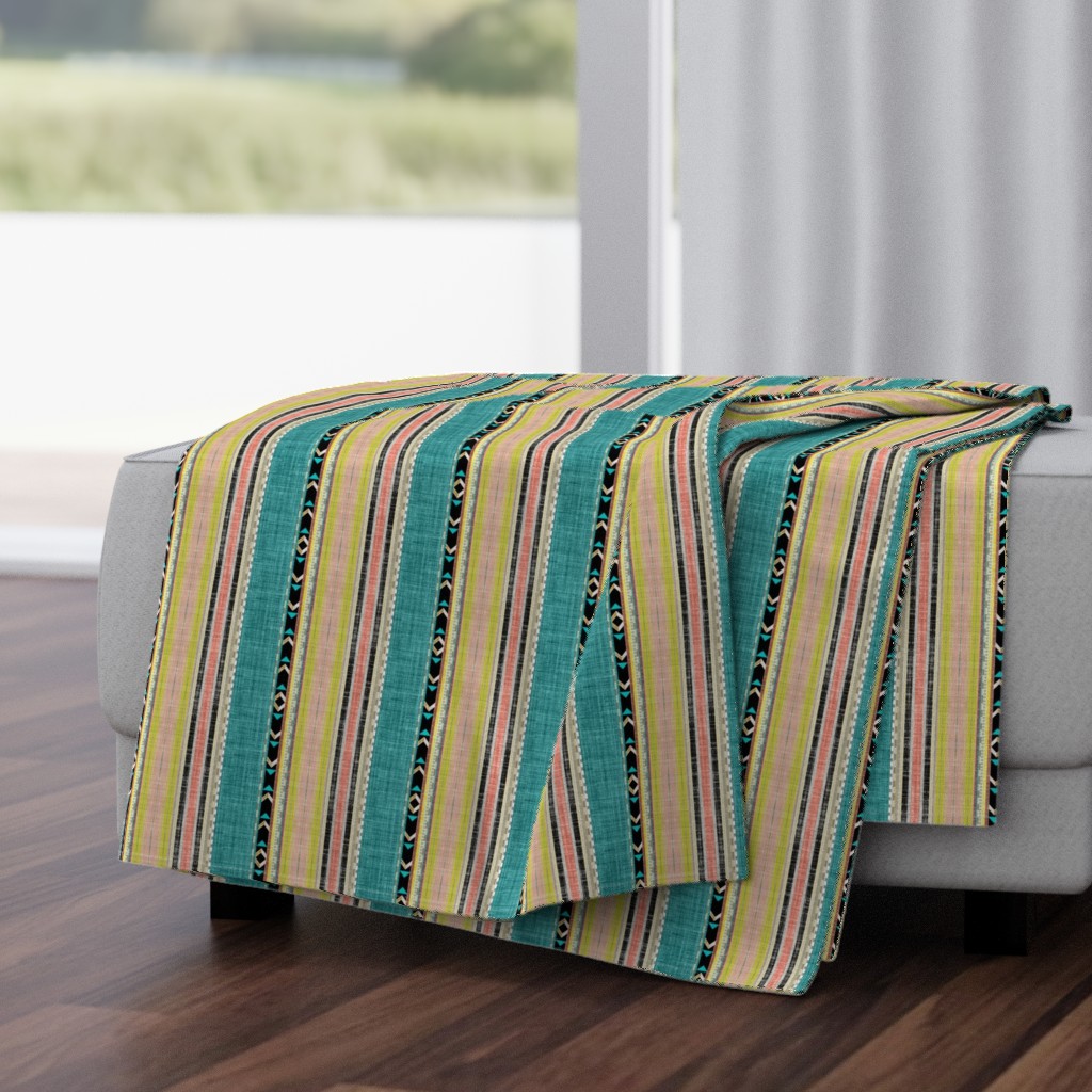 Tribal linen Stripe in Teal, Citron and Peach