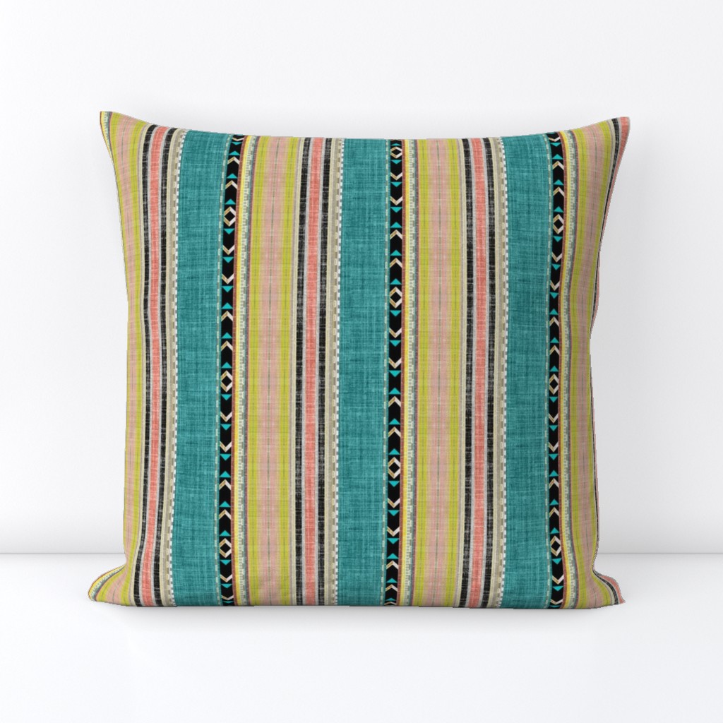 Tribal linen Stripe in Teal, Citron and Peach