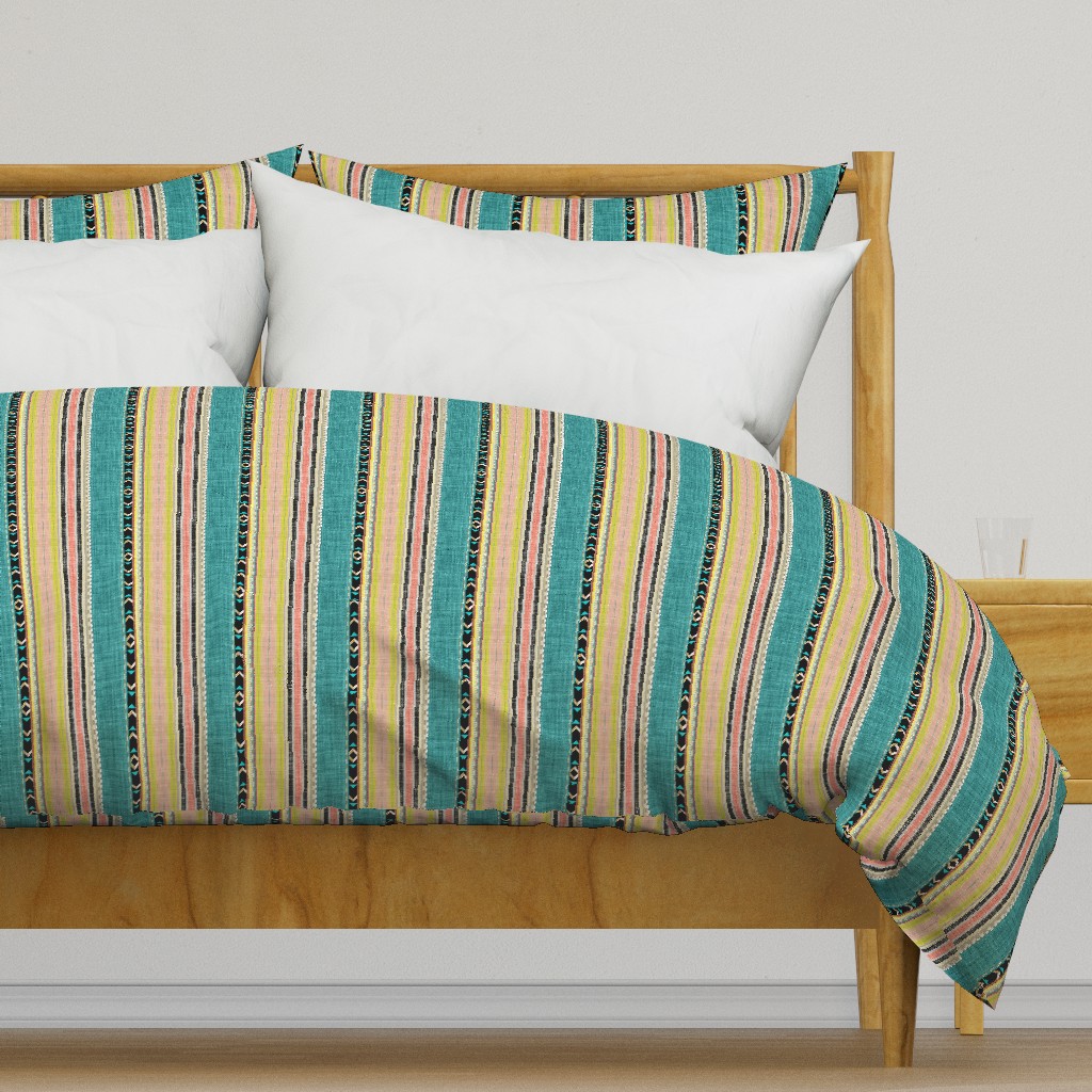 Tribal linen Stripe in Teal, Citron and Peach