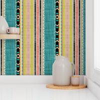 Tribal linen Stripe in Teal, Citron and Peach