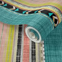 Tribal linen Stripe in Teal, Citron and Peach