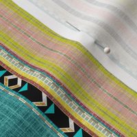 Tribal linen Stripe in Teal, Citron and Peach