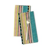 Tribal linen Stripe in Teal, Citron and Peach