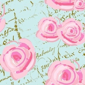 Pink Cabbage Roses on French Script