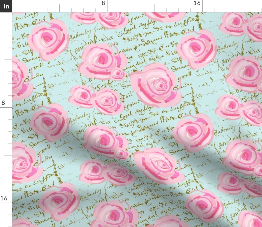 Pink Cabbage Roses on French Script