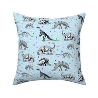 Vintage Dinosaur Skeletons, Colorful Stars on Baby Blue