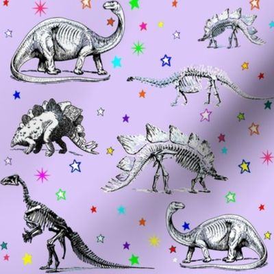 Vintage Dinosaur Skeletons, Colorful Stars on Lavender