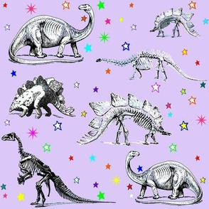 Vintage Dinosaur Skeletons, Colorful Stars on Lavender