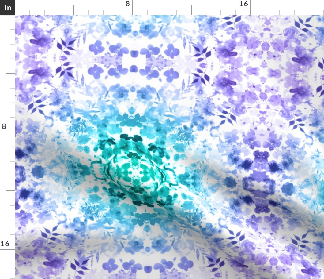 Floral Watercolour Kaleidescope - Small Flower Print in Purple and Teal