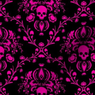 Pink on Black Skull Damask