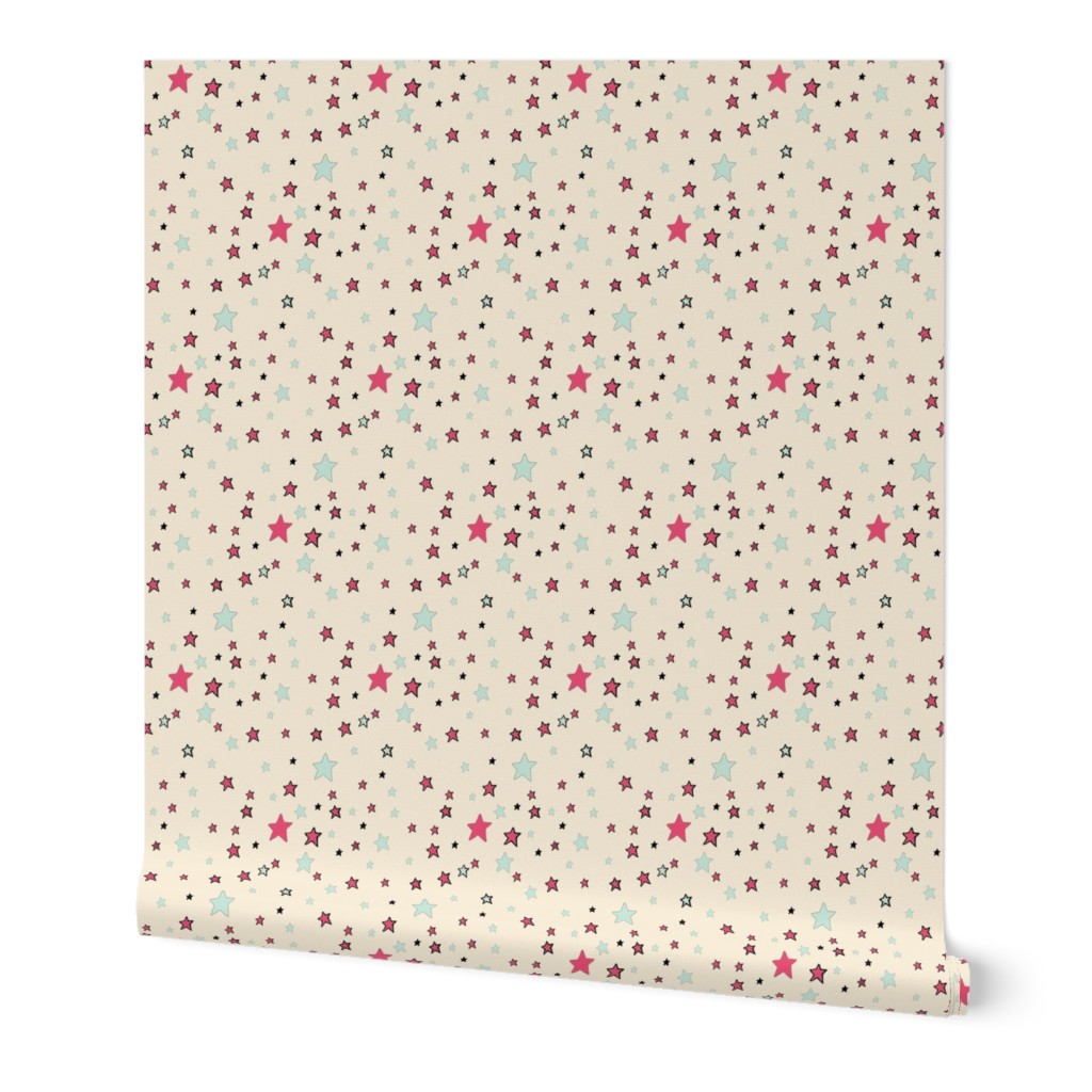 Paper Moon Collection -  Teal Red and Cream Stars on Cappuccino Cream