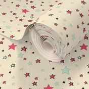 Paper Moon Collection -  Teal Red and Cream Stars on Cappuccino Cream