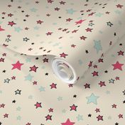 Paper Moon Collection -  Teal Red and Cream Stars on Cappuccino Cream