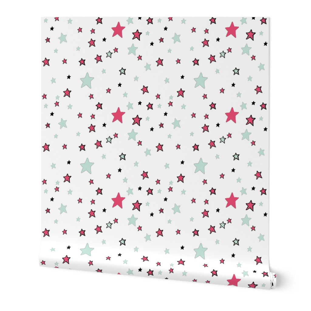Paper Moon Collection -  Teal Red and Mint Green Stars on White