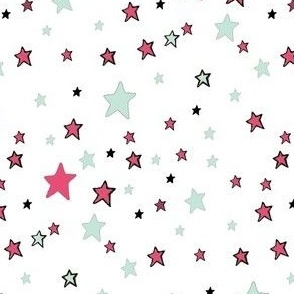Paper Moon Collection -  Teal Red and Mint Green Stars on White