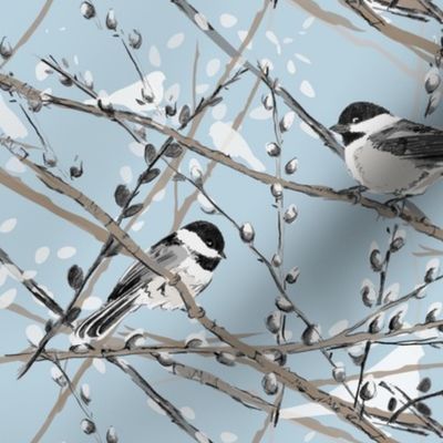 Chickadees and Pussywillows (blue)