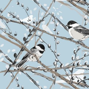 Chickadees and Pussywillows (blue)