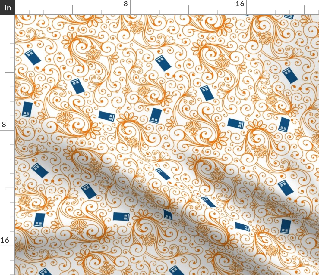 Blue phone boxes on orange swirl