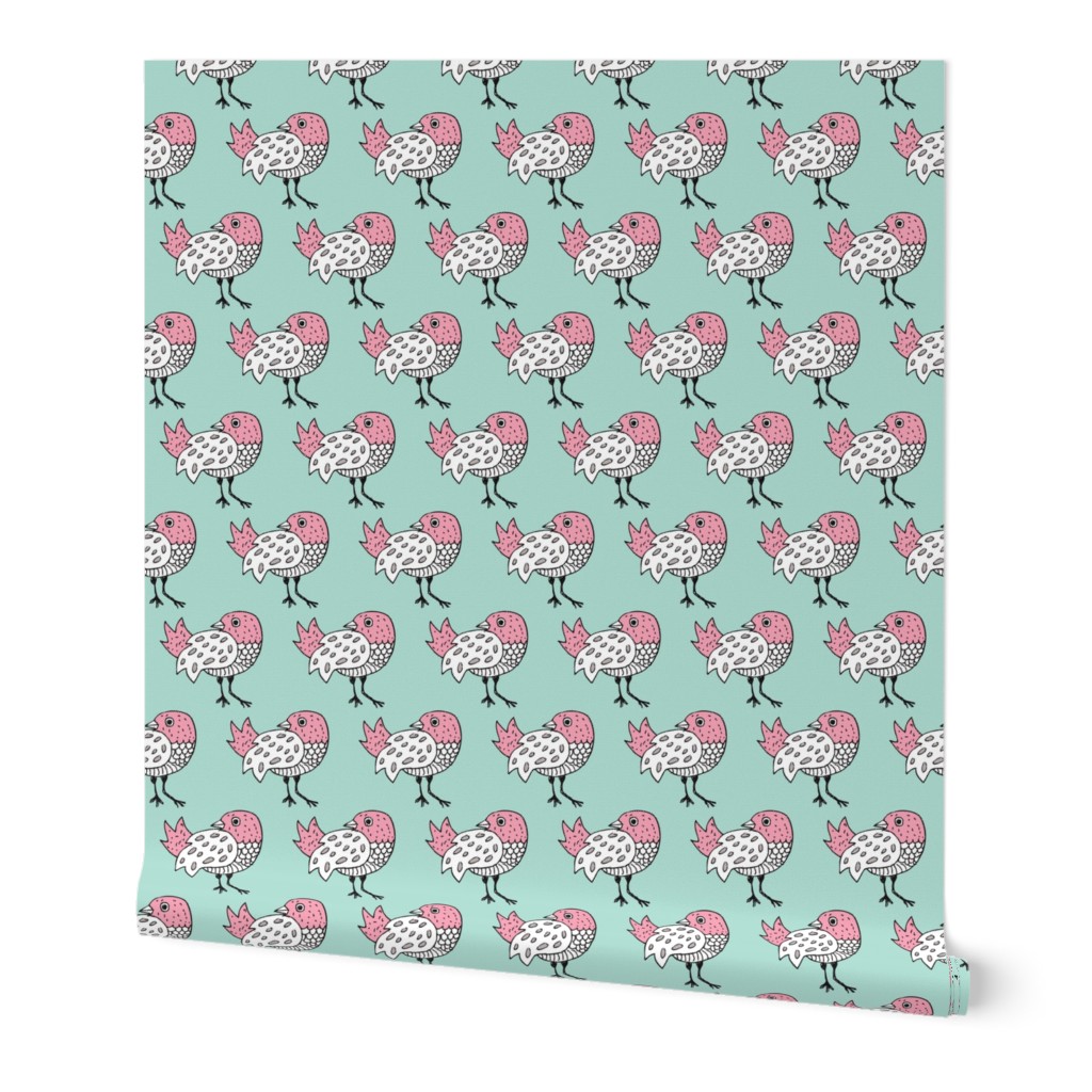 Quirky doodle birds illustration in blue and coral