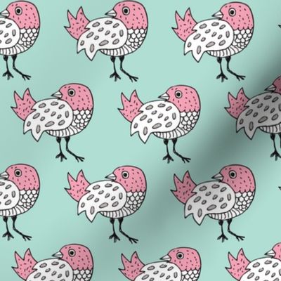 Quirky doodle birds illustration in blue and coral