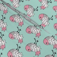 Quirky doodle birds illustration in blue and coral